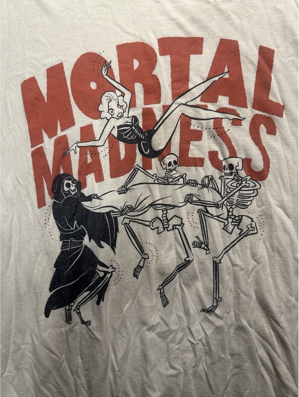 Mortal Madness Graphic T Shirt Mens 2XL Cream Skeleton Grim Reaper Halloween